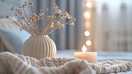 Fototapeta premium Aroma candle mock up, warm aesthetic composition. Cozy home comfort, relaxation and wellness concept. Interior decoration mockup