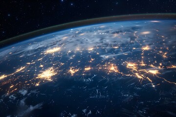 Obraz premium A wide shot of the Earth from space, with glowing city lights on its surface and an array of interconnected data connections forming lines across it. The background is dark to highlight earth's lumino