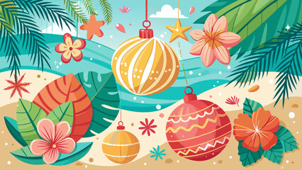 Tropical Christmas: Beach Holiday Illustration with Festive Ornaments