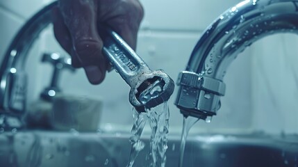 Obraz premium An adjustable wrench in the hand of a male plumber repairing a leaking sink pipe