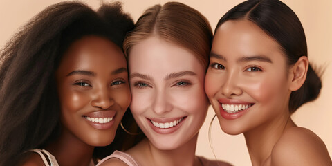 Three diverse women smiling together against a soft peach background. Diversity, beauty, friendship, happiness, skincare, and selflove concepts.