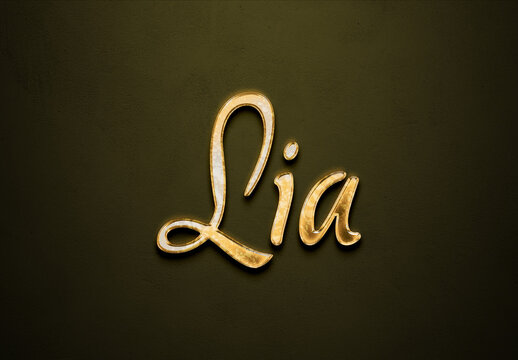 Old gold text effect of Indonesian name Lia with 3D glossy style Mockup.