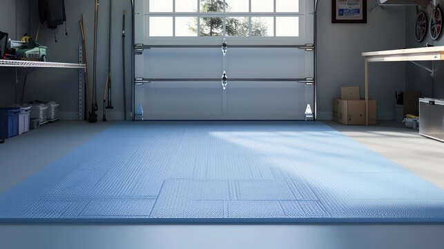 Soft powder blue rubber mats in a garage, lightening the mood and creating a serene workspace