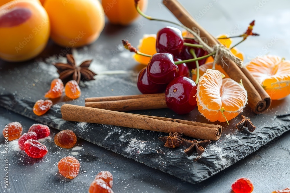 Poster dried apricots and cherries with cinnamon sticks and mandarin peel on a gray board