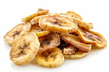Dried banana slices on white background