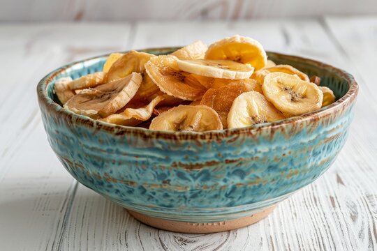 Dried banana chips arranged in aqua ceramic bowl on white background