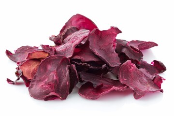 Dried beetroot chips on white backdrop