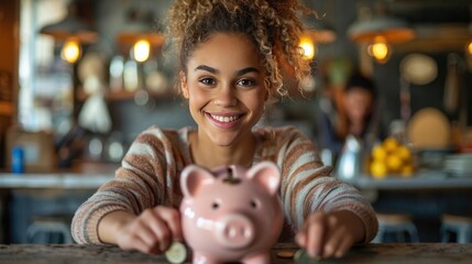 Obraz premium Smiling Woman Putting Coins in a Piggy Bank