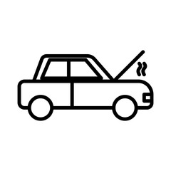 Broken car with open hood linear logo mark in black and white