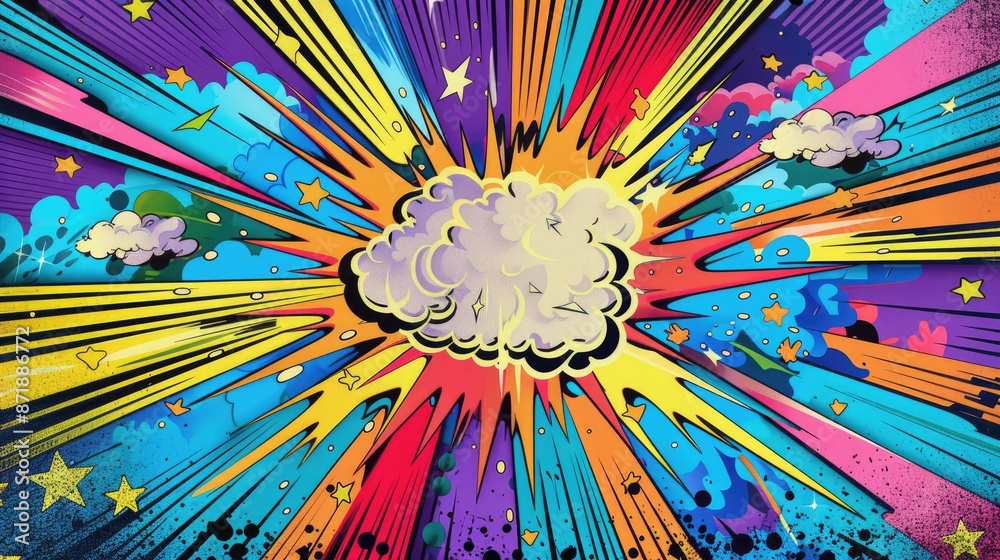 Fototapete Pop art comic background with abstract lightning illustration. Intense colors and lively lines create a wow effect, perfectly matching modern graphic designs full of energy and creativity