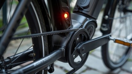 Closeup of the pedalassist sensor located near the crank of the bike with precise measurement markings and a small LED light indicating activation.