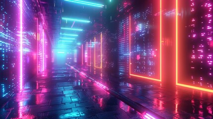 Obraz premium A neon colored tunnel with pink and blue lights