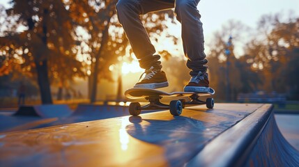 Skater Standing On Skateboard Lining Up Trick On Rail In Outdoor Skatepark Under Warm Light Showing Energetic Movement
