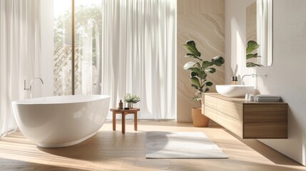 Bright and airy bathroom with freestanding tub