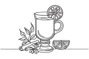 A glass of mulled wine,continuous one line drawing, winter drink,Vector illustration