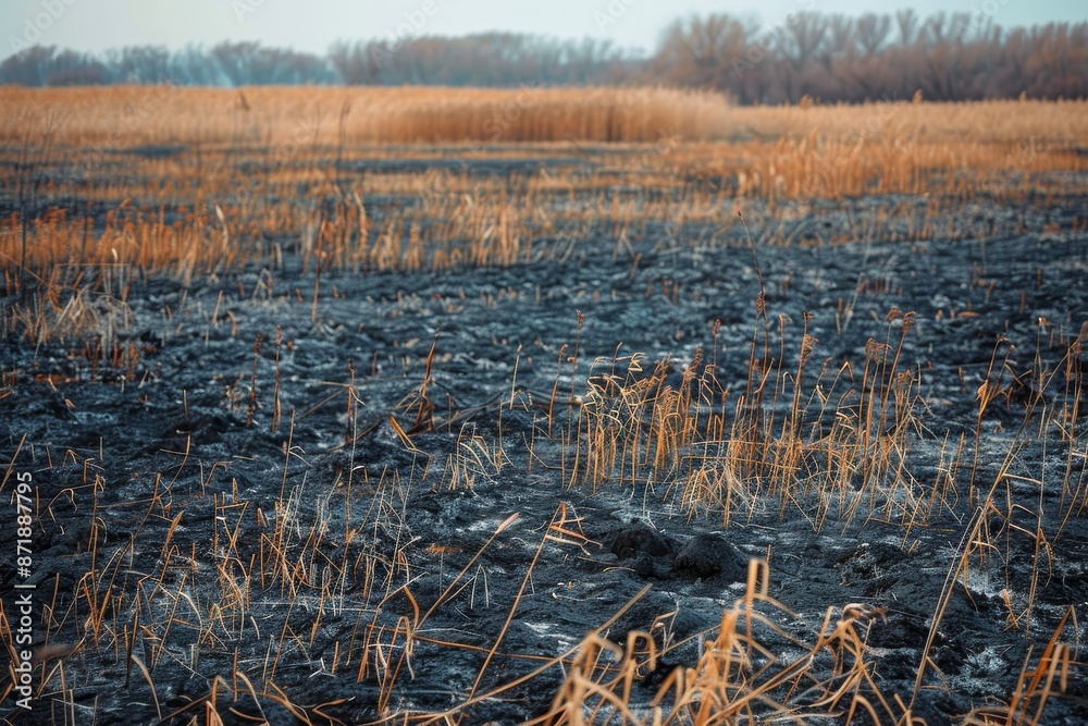 Wall mural Field with scorched grass and ash aftermath of wildfire environmental disaster affecting insects and agriculture