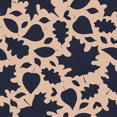 Elegant seamless pattern with falling leaves, autumn background with leaf silhouettes.