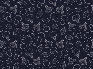 Pattern with mushrooms and leaves , seamless background with leaves and mushrooms outline