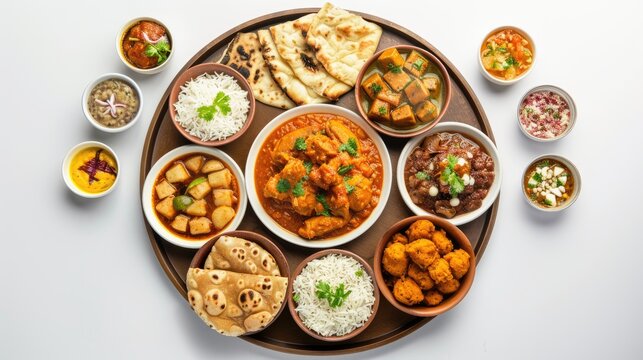 Top view collection of Indian foods isolated on a white background, including momos, butter chicken curry and rice, samosas, and pani puri