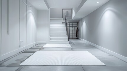 Fototapeta premium Pearly white rubber mats in a minimalist basement, enhancing the clean, modern aesthetic