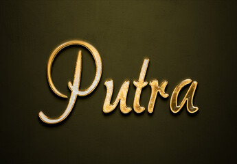 Old gold text effect of Indonesian name Putra with 3D glossy style Mockup.