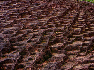 The surface of the Chet Si Waterfall stone terrace in the rainforest, Bueng Kan Province, Thailand.