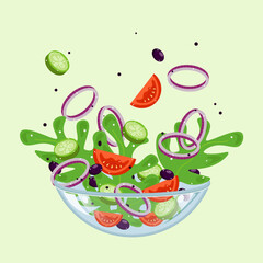 healthy food - green salad of tomatoes, cucumbers, lettuce leaves, onions and olives in a glass eco-friendly bowl