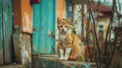 Naklejka premium A ginger cat peacefully relaxes in a serene countryside, surrounded by greenery