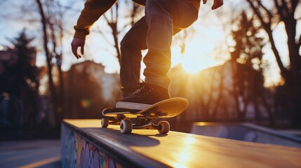 Skateboarder On Rail Preparing Trick In Outdoor Skatepark Under Warm Evening Light Highlighting Sport And Youth Culture
