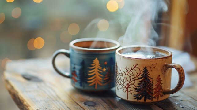 A steaming pot of freshly brewed coffee served in mismatched mugs with handpainted forest designs.