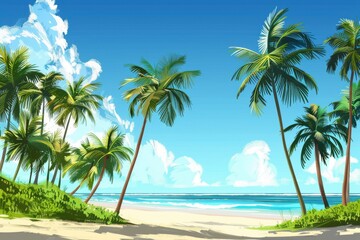 Fototapeta premium flat design depiction of a serene beach with palm trees and mountain views
