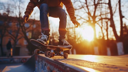 Action Sports Preparation Scene With Skater On Skateboard Above Rail In Outdoor Park Under Strong Light For Promotion