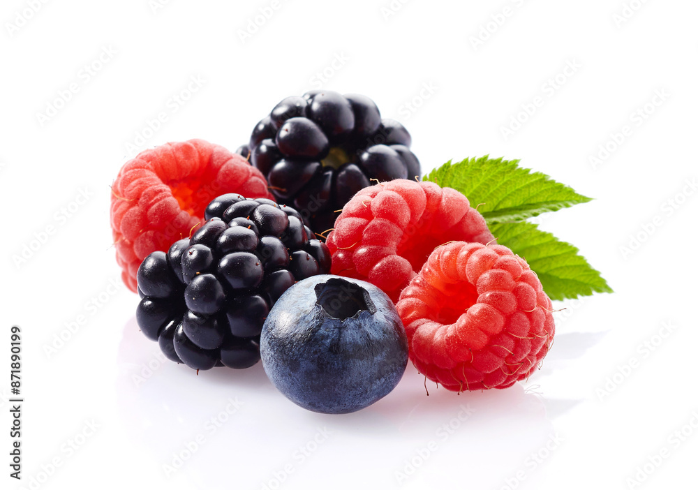 Poster mix berries with leaves in closeup