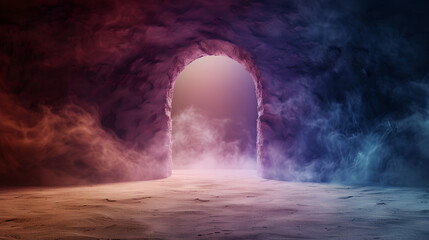 Mystical Archway with Colorful Smoke in Fantasy Landscape