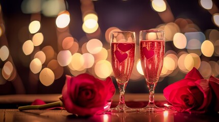 Two champagne glasses with heart-shaped decorations sit on a table with red roses and sparkling lights, creating a romantic and festive atmosphere.

