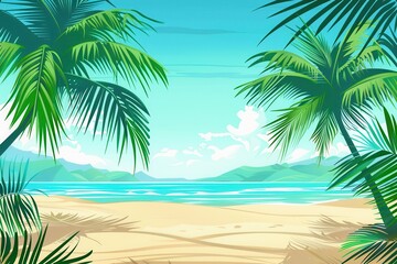 Obraz premium illustration of a paradise beach with sandy shore and palm trees in flat style