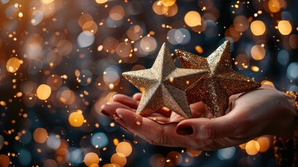 A hand holding golden star glimmers against a shimmering bokeh background, evoking festive or celebratory themes.