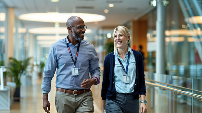 coll&egrave;gues de travail souriant dans les couloirs des bureaux de leur entreprise