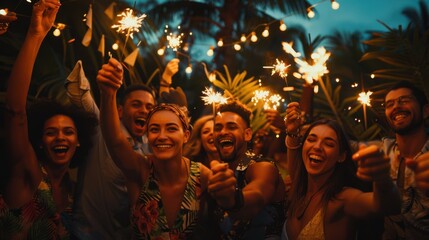 The friends celebrating with sparklers