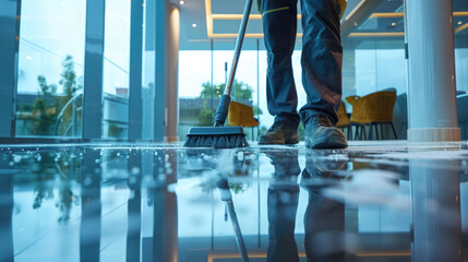 Closeup of cleaner cleans an office building