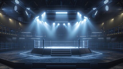 3D rendering of an MMA arena with empty stands, illuminated by dramatic lighting from a side view