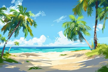 Obraz premium flat style depiction of a paradise beach with sandy shore and palm trees