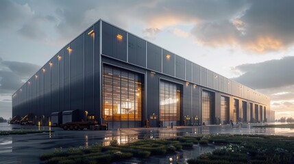 Modern sleek warehouse office building facility exterior architecture, steel, night, cloudy, overcast