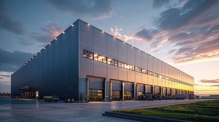 Modern sleek warehouse office building facility exterior architecture, steel, night, cloudy, overcast