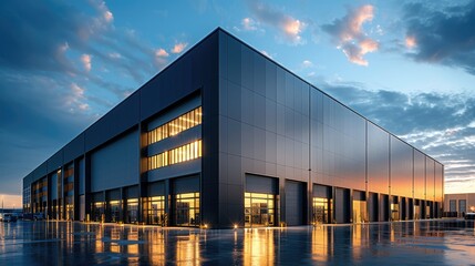 Modern sleek warehouse office building facility exterior architecture, steel, night, cloudy, overcast