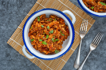 Orzo pasta bolognese with meatless quorn mince