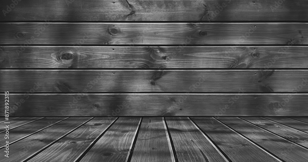 Wall mural empty wooden stage in gray, wooden gray dark background.