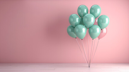 Mint green balloons on pink background, 3D rendering