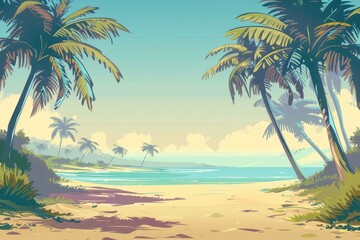 Obraz premium tranquil beach scene illustration with palm trees and mountains in flat style