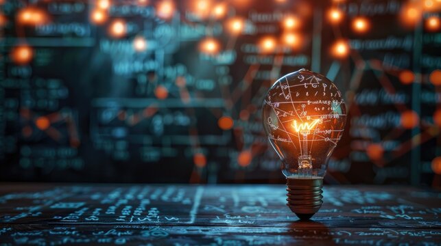 Glowing lamp as a symbol of scientific thought against the background of physical and mathematical formulas. Science and education background